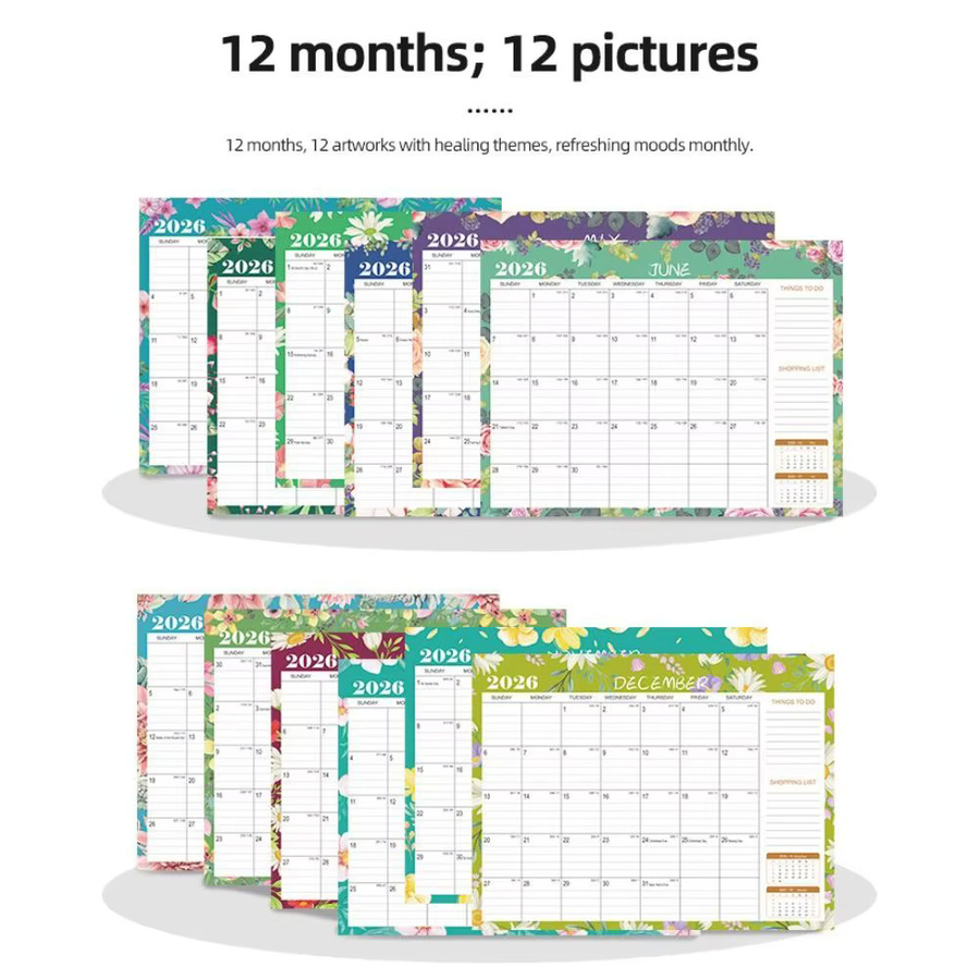 Englische Wandkalender 2026 mit Blumenmuster, Monatsplaner mit großen Datumsblöcken und dickem Papier, vertikale Anzeige, Mehrfarbig - Bild 3