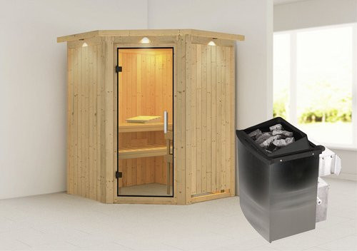 Karibu Sauna Tartu aus Fichtenholz mit 9 kW Saunaofen und integrierter Steuerung für 3 Personen, beige, B/T/H: 202 x 165 x 165 cm - Bild 1