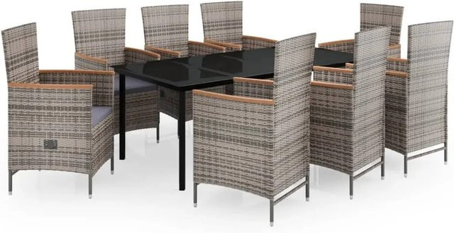 vidaXL 9-teilige Garten-Essgruppe aus PE-Rattan und Akazienholz in Grau mit Glasplatte - Bild 1