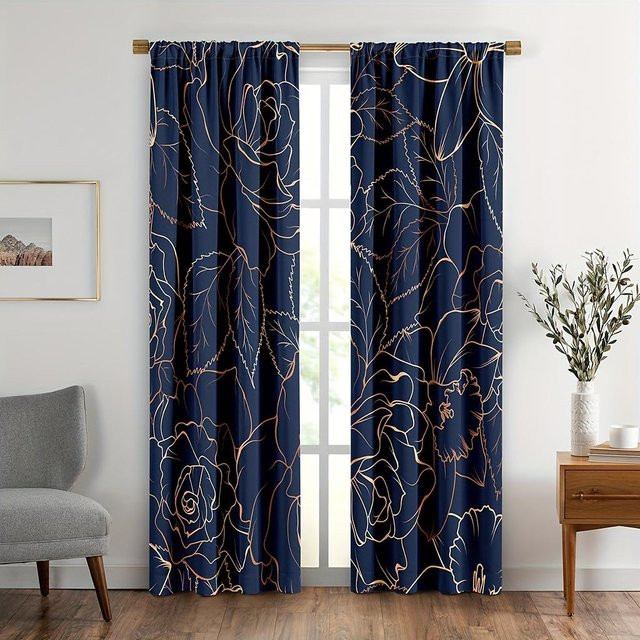 Zweiteiliges semi-transparentes Vorhangset mit Palmenblatt-Blumenmuster in Blau, Breite: 65 cm, Höhe: 60 cm - Bild 1