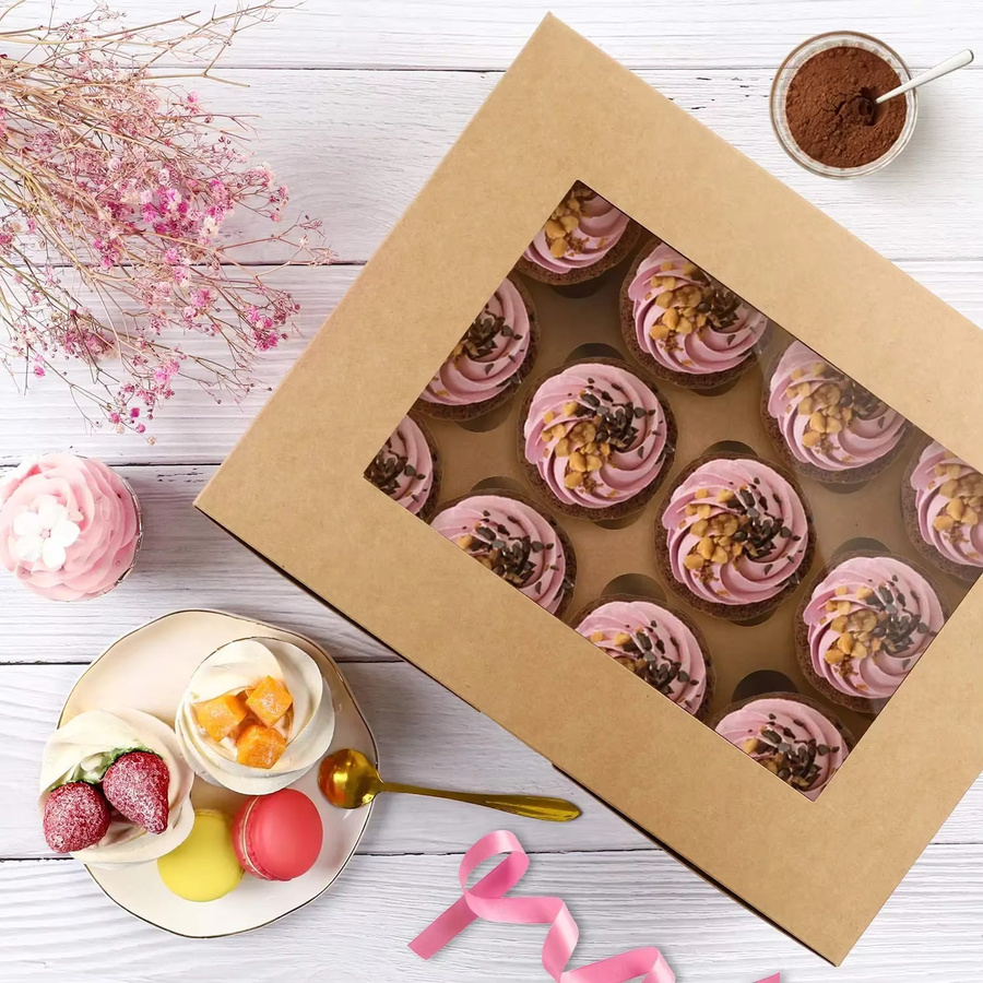 10er Set transparente Fenster Gebäckboxen aus Kunststoff und Papier für Cupcakes, Kuchen und Kekse in Weiß und Braun - Bild 4