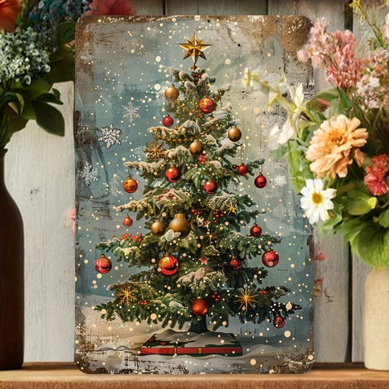 HELLOYOUNG Vintage Weihnachtsbaum Metallschild mehrfarbig B: 20,3 cm x H: 30,5 cm - Bild 1