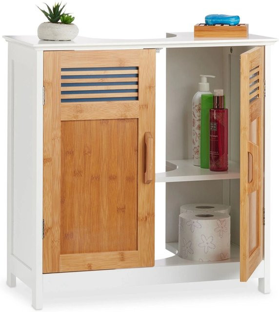 Relaxdays Waschbeckenunterschrank aus MDF und Bambus in Weiß mit Lamellen-Design, B/T/H: 60 x 60 x 30 cm - Bild 1