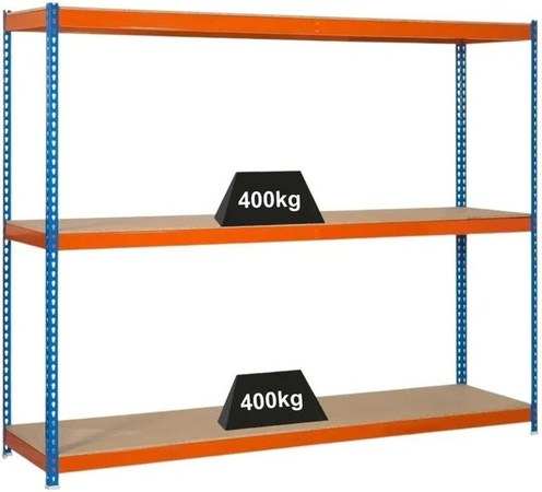 PROREGAL Schwerlastregal Big Wood Yeti Three aus Stahl und Spanplatte, Farbe Blau-Orange, H x B x T: 200 x 180 x 60 cm