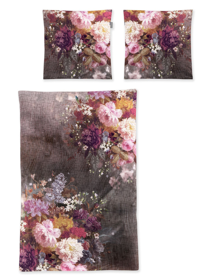 Irisette Zobel Flausch Cotton Bettwäsche mit Rosen Blumen Muster in Grau und Rosa, B/H: 135 x 200 cm mit Kissenbezug 80 x 80 cm - Bild 1