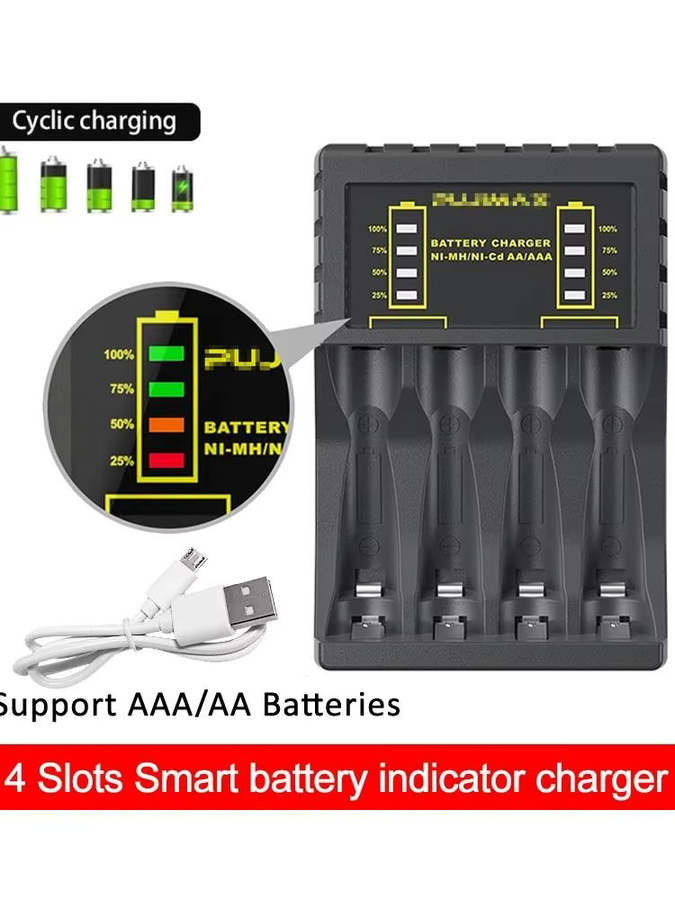VORTNGLE AA/AAA-Batterieladegerät mit 4 Steckplätzen, intelligentes LED-Display und USB-C Anschluss, Schwarz - Bild 7