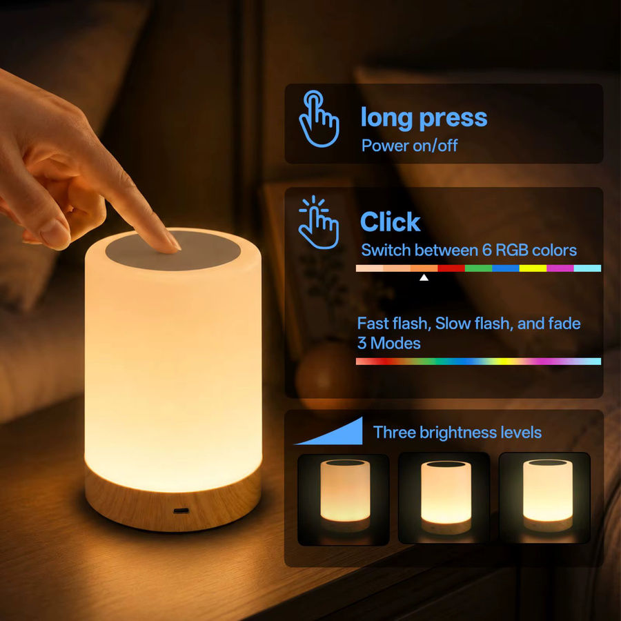 PZSUNLY RGB-Nachttischlampe mit Touch-Steuerung, dimmbar und USB wiederaufladbar, mehrfarbiges Nachtlicht für Schlafzimmer, Kinderzimmer und Esszimmer - Bild 4