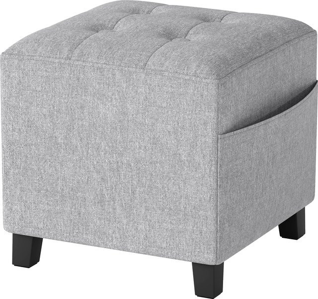 HOMCOM quadratischer Hocker mit Seitentasche in Hellgrau, gepolsterter Sitz mit Leinenoptik und Gummibaumholzbeinen, B/T/H: 35 x 35 x 35 cm - Bild 1