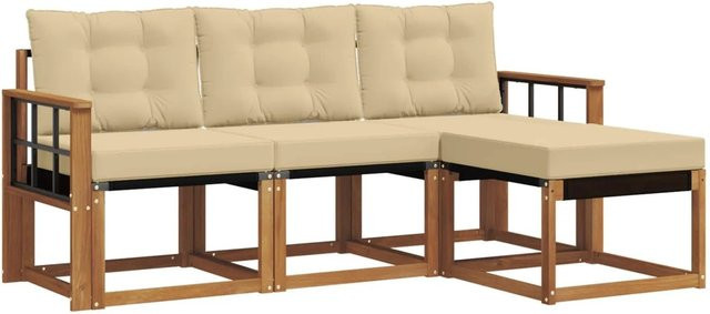 vidaXL Outdoor-Sofagarnitur 4-teilbig aus Akazienholz und Textilene in Natur und Beige mit Kissen - Bild 1