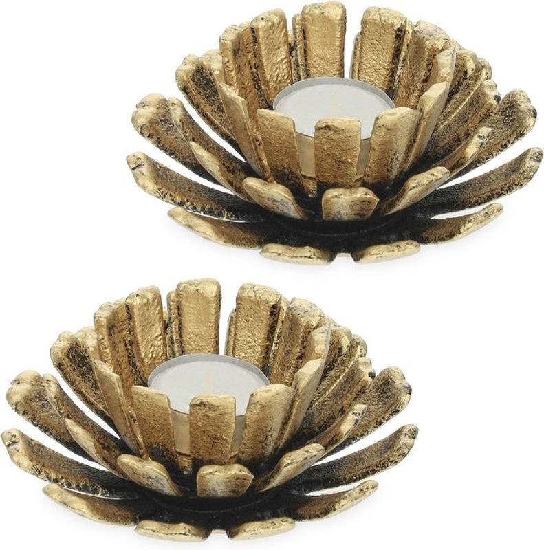 Relaxdays Teelichthalter 2er Set in Blumenform aus Metall, Gold und Gelb, H x B x T: 6 x 13,5 x 13,5 cm - Bild 1