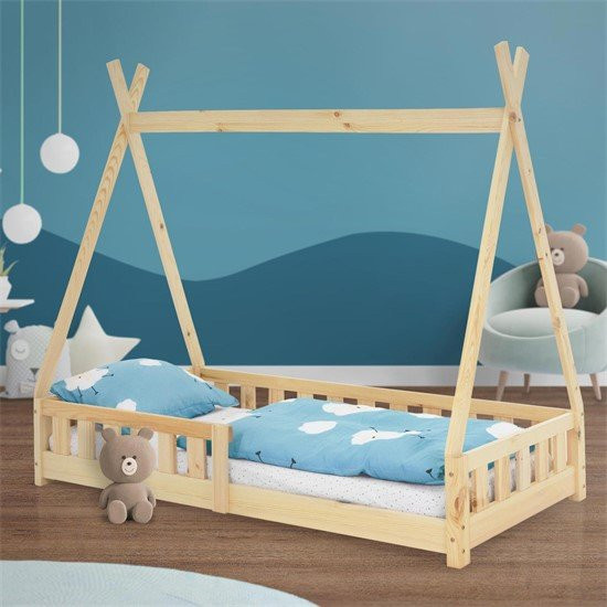 ML-Design Kinderbett Tipi aus Kiefernholz mit Rausfallschutz und Lattenrost, Farbe: Braun, B/T/H: 80 x 160 x 150 cm - Bild 1