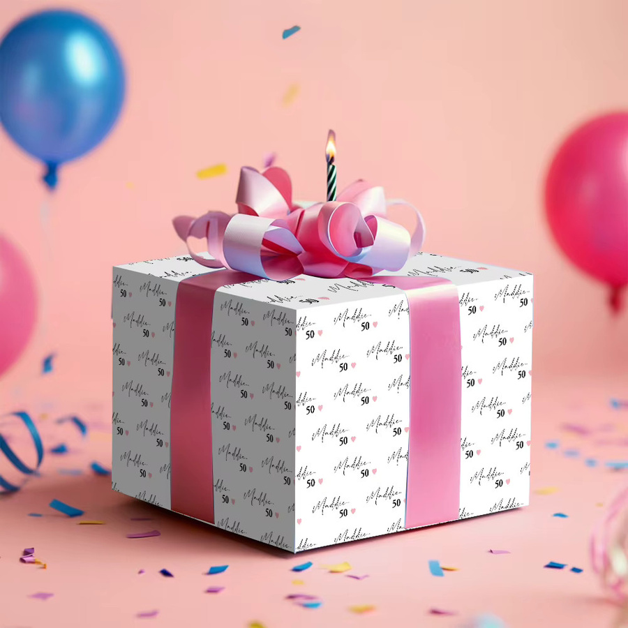 Personalisiertes WEIGAO Geschenkpapier mit Name und Datum in Weiß für Geburtstage und Partys - Bild 2