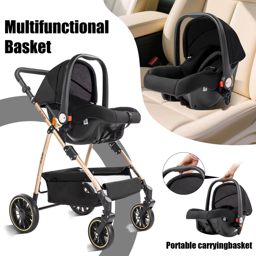 3-in-1 Luxus Baby-Kinderwagen für Neugeborene mit Babygeschirr und Carrycot in Grau und Schwarz - Bild 2