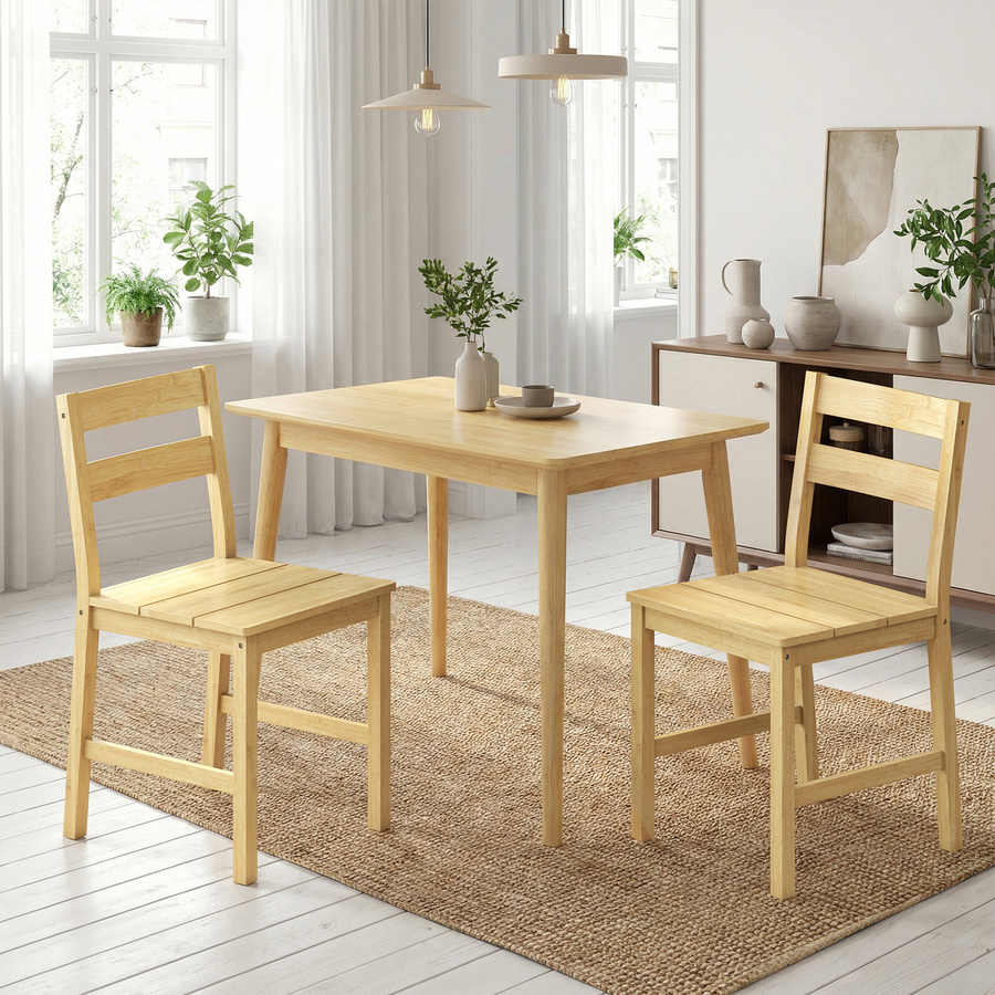 2er-Set HOMCOM Esszimmerstühle aus Bambus in Holzoptik mit Latten-Sitzfläche und geschwungener Rückenlehne, armlos, Farbe: Beige/Braun - Bild 2