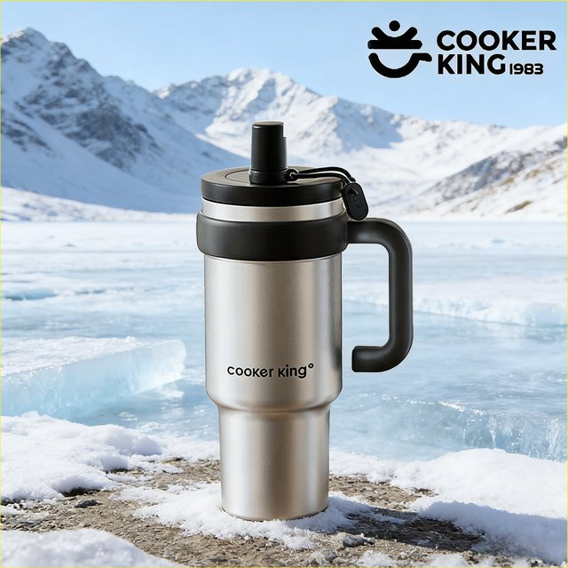 COOKER KING Isolierbecher mit Strohhalm und Teebox in Weiß, 950 ml, aus Edelstahl und PP mit Griff - Bild 1