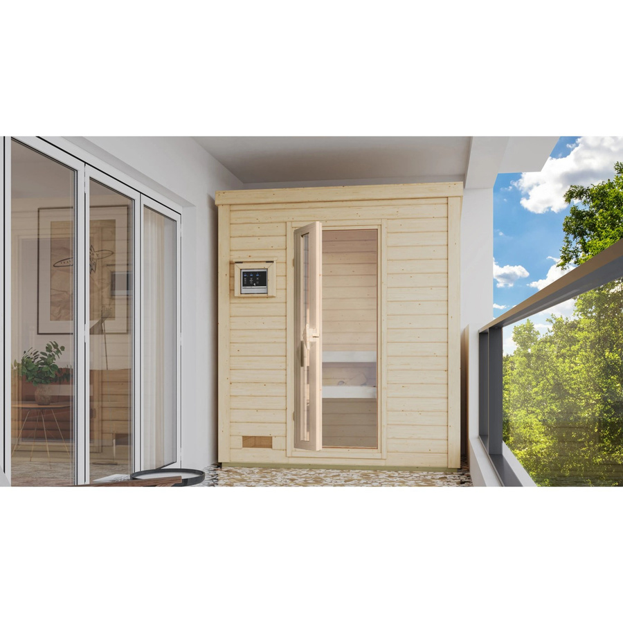 Karibu Saunahaus Arvi 0 aus Massivholz mit 9 kW Ofen, Iso-Tür und externer Steuerung, naturbelassen - Bild 2