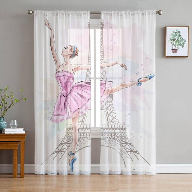Yiran Furniture Chiffon Vorhang Paris Motiv mit Eiffelturm und roten Lippen, transparent, B: 50 cm, H: 130 cm, 2er-Set inklusive Haken - Bild 1
