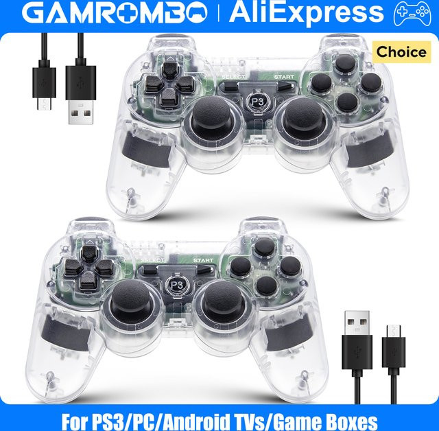 GAMROMBO Controller für Playstation 3, PC, Android und Smart TVs, 6-Achsen Dual-Vibration Gamepad mit 360 Grad Joystick in Blau Transparent - Bild 1