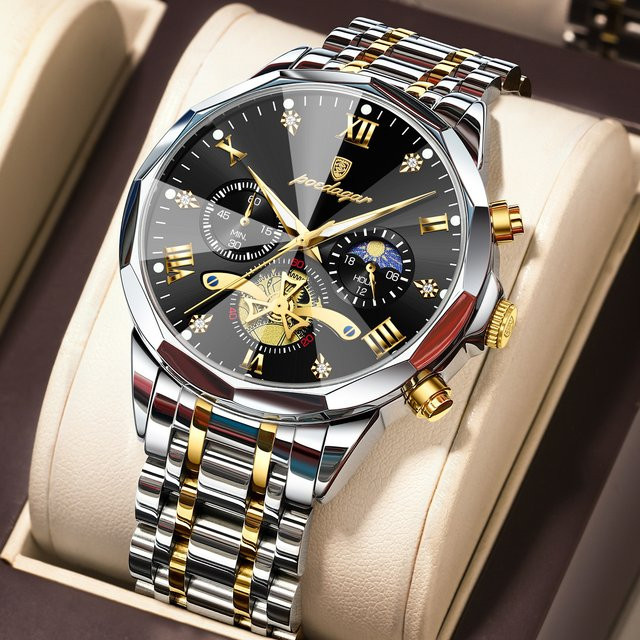 POEDAGAR Armbanduhr Chronograph, Quarz, Edelstahl, Blau, Herren - Bild 1