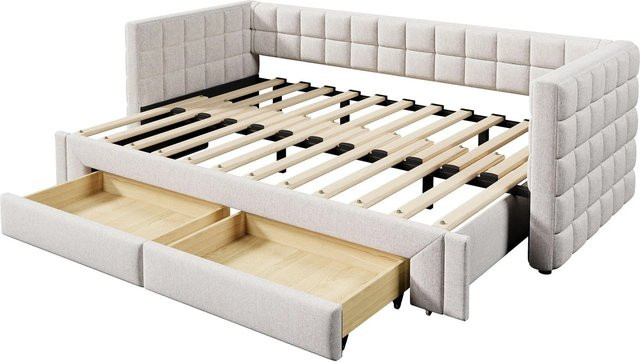 KOMHTOM Tagesbett als Sofabett mit quadratischer Rückenlehne und 2 Schubladen, Beige, Samt, B/T/H: 200 x 90 x 74 cm - Bild 1