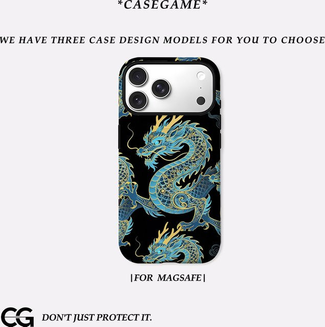 Casegame Matte Bumper MagSafe Schutzhülle für iPhone 17 16 15 14 13 Pro Max Stoßfeste Harte PC Cover mit Drachen Design in Schwarz und Blau - Bild 1