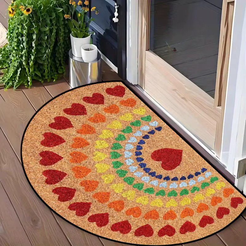 VIKAMA Halbrunde Fußmatte mit Herz-Regenbogen-Druck in Multicolour, dekorativer Kokos-Teppich für Flur, Badezimmer oder Terrasse - Bild 4