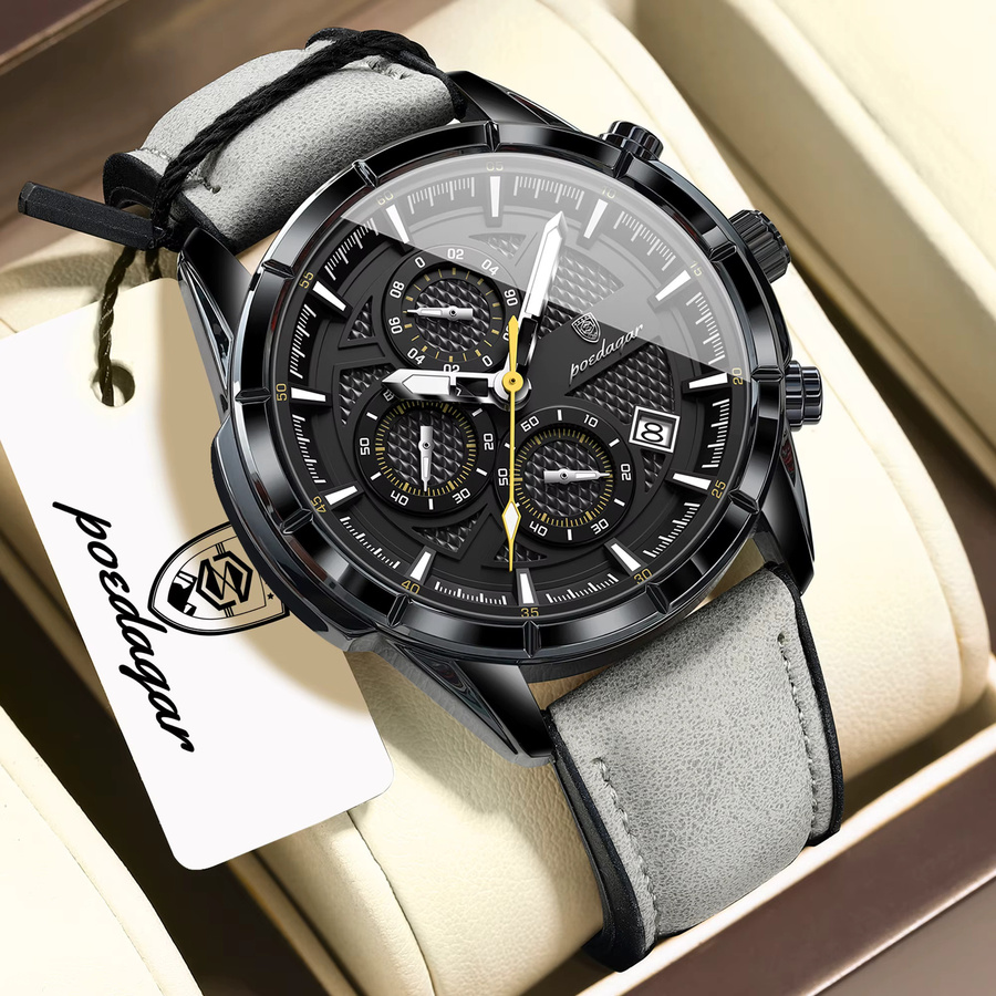 POEDAGAR Armbanduhr, Quarz, Leder, Schwarz, Chronograph, Herren - Bild 2