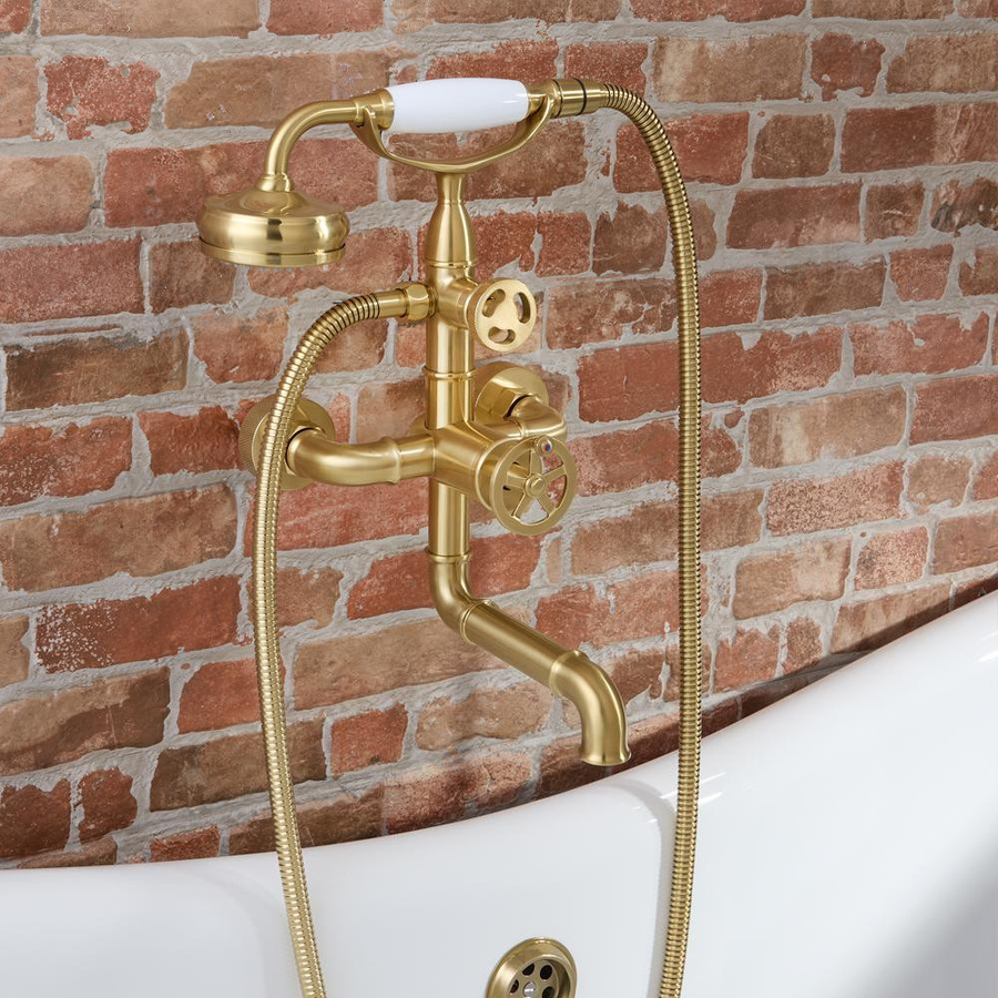 Zandra Hudson Reed Badewannenarmatur Wandmontage im Steampunk-Design mit Handbrause aus Messing in Gold/Brushed Brass - Bild 1