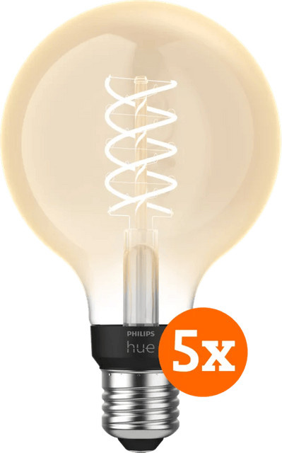 Philips Hue Filament LED-Lampe White Globe E27, dimmbar, 5er-Pack, warmweiß, transparentes Glas - Bild 1