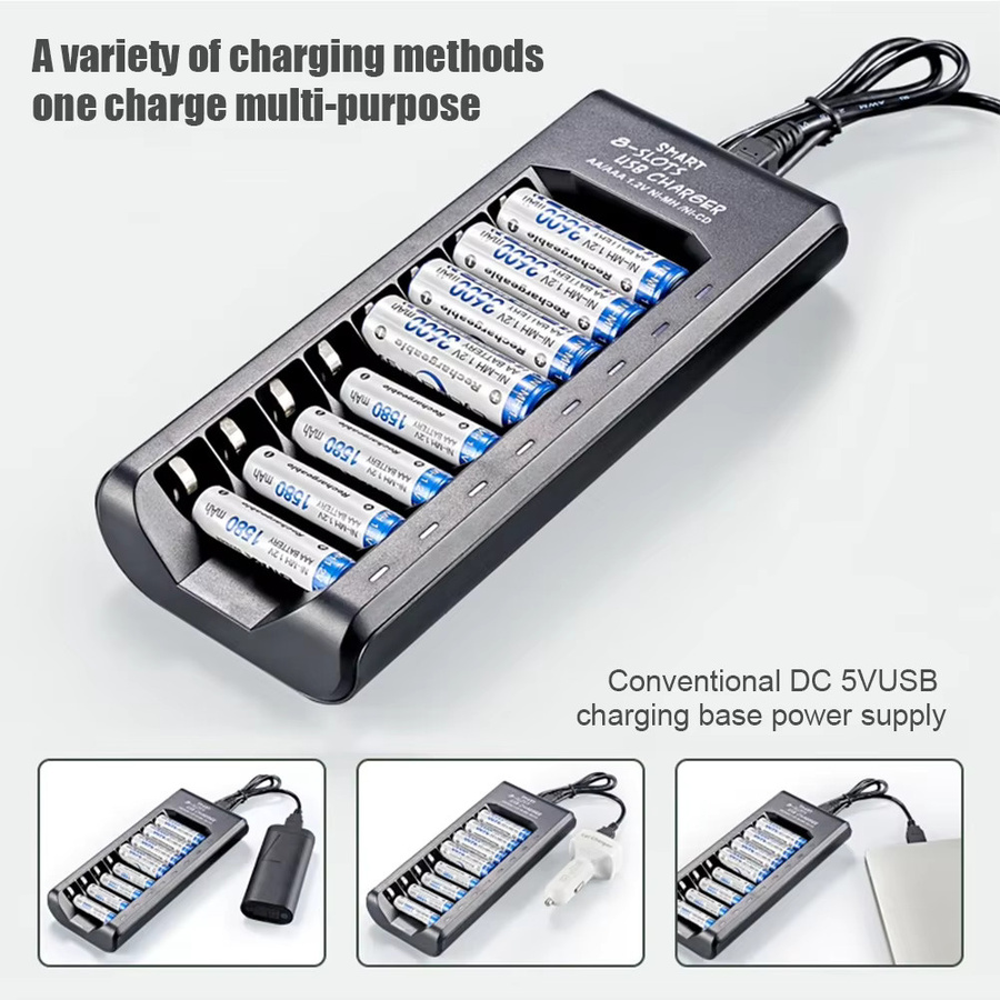 Wiederaufladbares Batterieladegerät mit 8 Steckplätzen und USB-C Anschluss für 1,2 V NiMH AAA/AA-Batterien in Schwarz - Bild 2