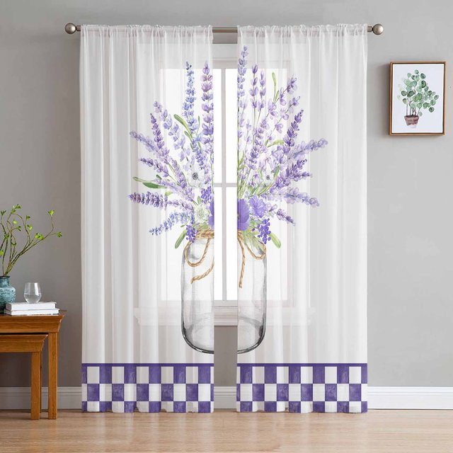 Binchi Outdoor Equipment Tüllgardine Aquarell Lavendel mit lila Karomuster, transparent, weiß/lila, B: 135 cm, H: 114 cm - Bild 1