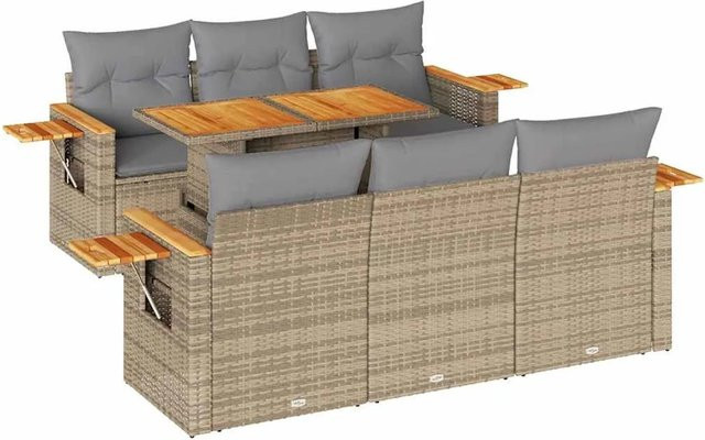 vidaXL 7-teilige Garten-Sofagarnitur in U-Form aus Polyrattan und Akazienholz mit Kissen in Beige-Grau - Bild 1
