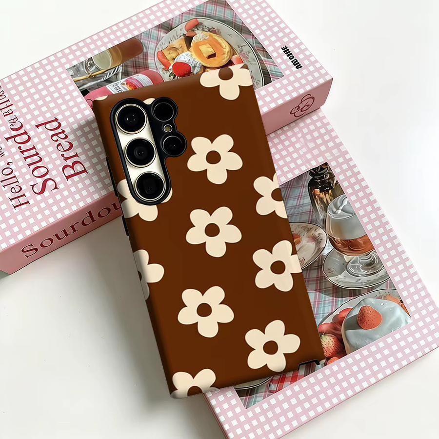 Braune Retro Handyhülle mit Mini Blumen Design für Samsung Galaxy S25 Ultra, S24 und S23 Ultra Plus, stoßfeste Doppelschicht Rückabdeckung - Bild 3