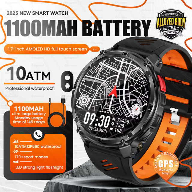 GUHUAVMI Military GPS Smartwatch für Männer in Schwarz mit Bluetooth Anruffunktion, Taschenlampe und wasserdichtem Gehäuse - Bild 1