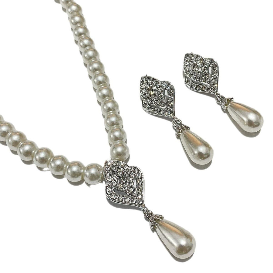 Schmuck-Set Halskette, Ohrringe, Perle, Diamant, Zirkonia, Weiß, Damen - Bild 3