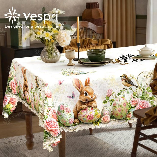 Vespri Oster-Tischdecke aus Polyester in Weiß und Hellgrün mit Hasen-, Vogel- und Blumenmuster für deine Osterdekoration - Bild 1