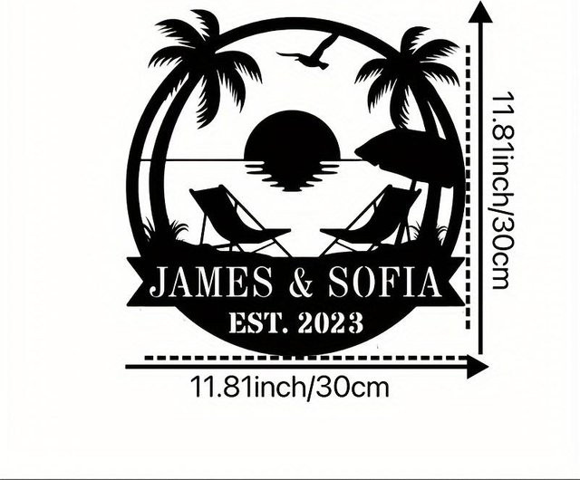Personalisierbares Initialenschild aus Metall von CIFbuy mit tropischem Strand- und Palmenmotiv in Schwarz, B/H: 30 x 30 cm - Bild 1