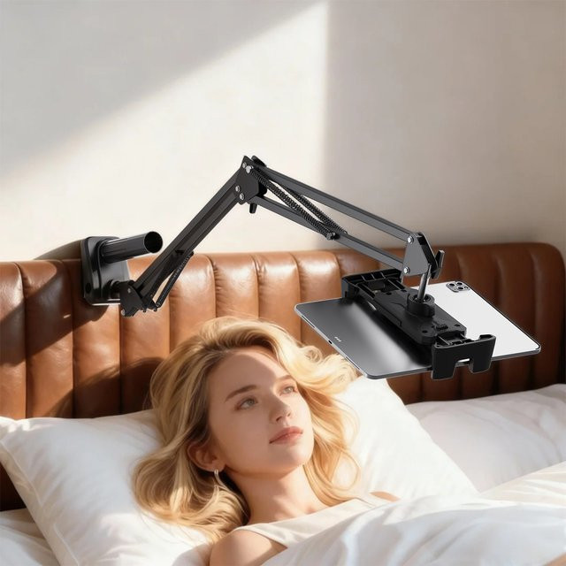 Homhu Tablet-Ständer mit langem Arm in Schwarz, verstellbare Halterung für iPad und Smartphones von 4 bis 14 Zoll für Schreibtisch und Nachttisch - Bild 1