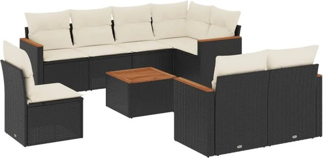vidaXL 9-tlg. Garten-Sofagarnitur in L-Form aus Poly-Rattan und pulverbeschichtetem Stahl mit Kissen in Schwarz und Cremeweiß - Bild 1