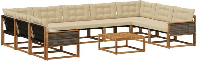 vidaXL Outdoor-Sofagarnitur in U-Form aus massivem Akazienholz mit 10 Textilene-Kissen in Natur-Beige - Bild 1