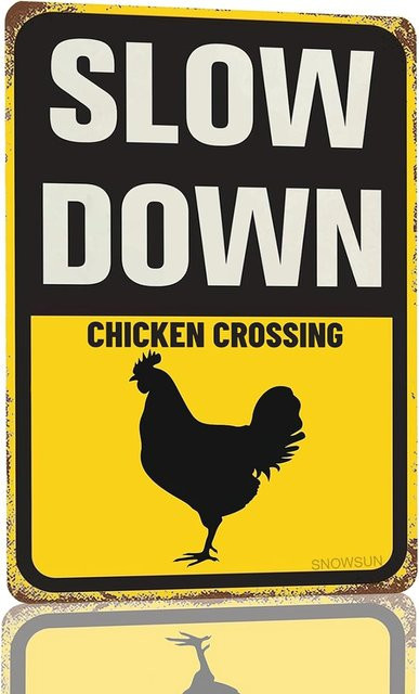 Snowsun Metall-Blechschild Slow Down Chicken Crossing in Gelb im Retro-Vintage-Stil, B/H: 20,0 x 14,0 cm - Bild 1