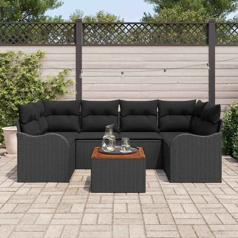 7-teiliges modernes Garten-Sofa-Set von vidaxl in Schwarz aus Rattan, Metall und Massivholz - Bild 1