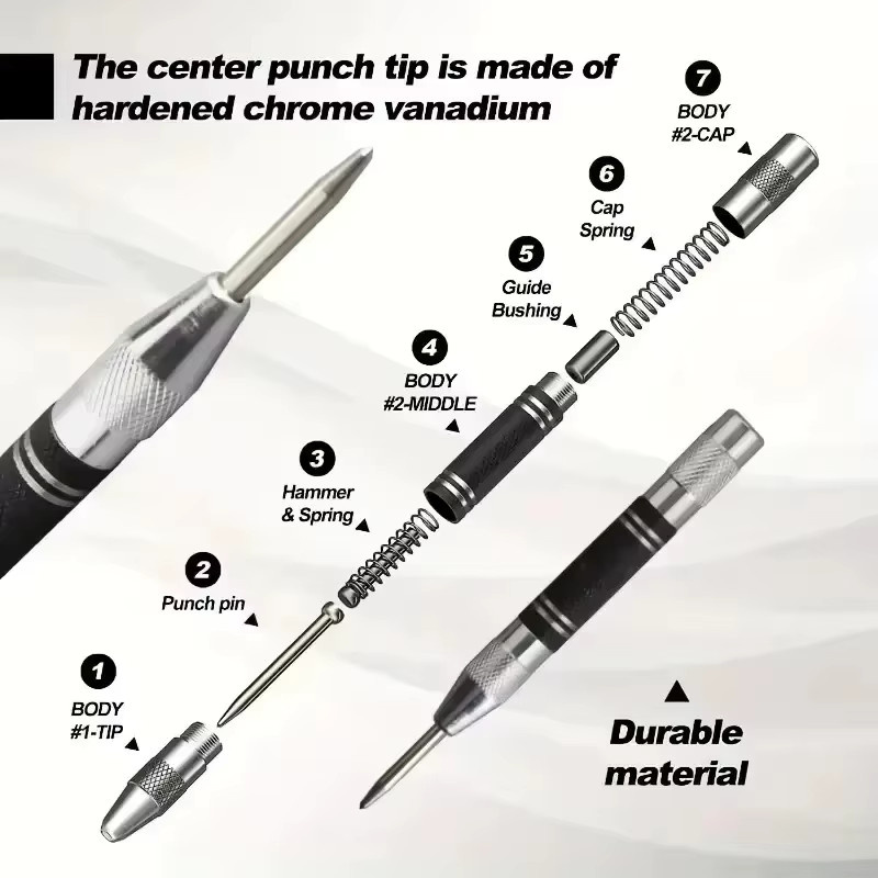 YUKU Automatischer Körner mit Federbelastung für Holzbearbeitung und Metall, Einstellbarer Mittelstiftpresse zur Dellenmarkierung, Silber - Bild 2