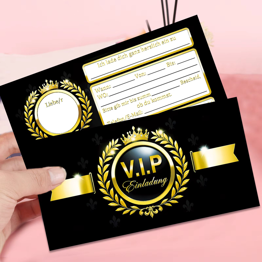 16-teiliges Set elegante VIP-Einladungskarten in Schwarz und Gold im Laurel Sickens-Design für junge Erwachsene - Bild 2