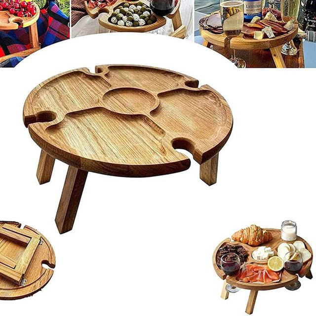 Runder Klapp-Picknicktisch von MOONBIFFY aus Holz mit Glashalter und Weinregal in Braun für den Außenbereich - Bild 1