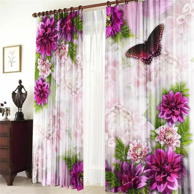 2er-Set transparente Fenstervorhänge mit Schmetterlings- und Rosenmuster in Lila, Breite: 140 cm, Höhe: 160 cm - Bild 1