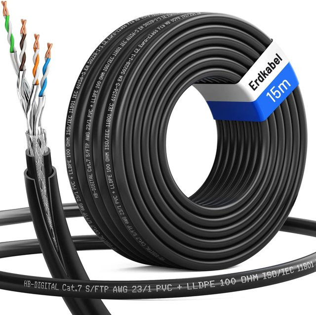 hb-digital CAT 7 Erdverlegekabel S/FTP Doppelmantel für Außenbereich, 15 m, Schwarz - Bild 1