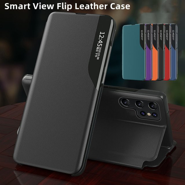 Magnetische Flip-Handyhülle mit Fenster aus Leder für Samsung Galaxy S26 Ultra, S25 FE, S24 und S23 Plus in Schwarz mit integrierter Halterung und Sturmschutz - Bild 1