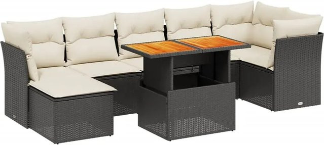vidaXL 8-teilige Garten-Sofagarnitur in L-Form aus Polyrattan und Akazienholz mit Kissen in Schwarz und Cremeweiß - Bild 1
