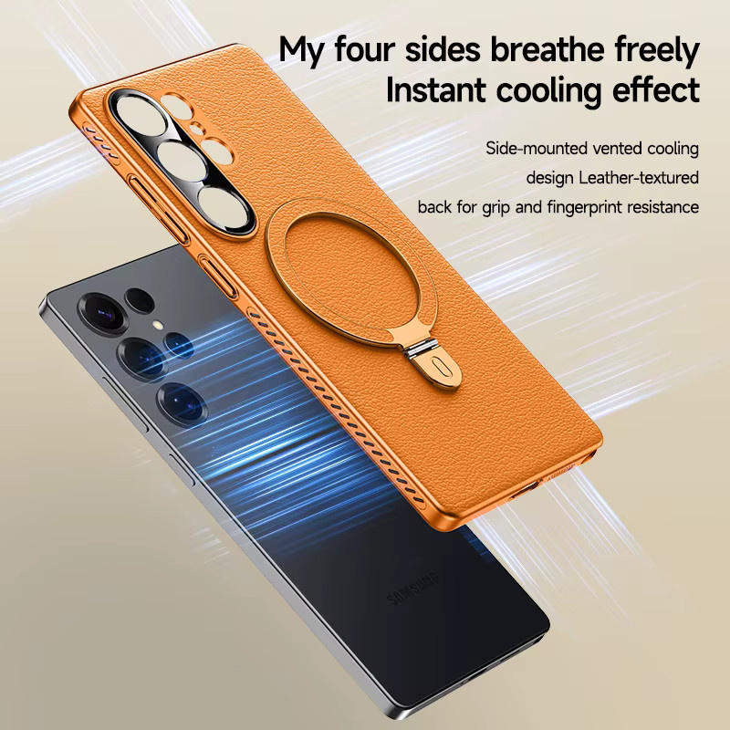 Leder-Schutzhülle mit Streifen-Design und Loch-Wärmeableitung für Samsung Galaxy S24 Ultra und S25 Ultra in Schwarz mit Metall-Halterung und Objektivschutz - Bild 3
